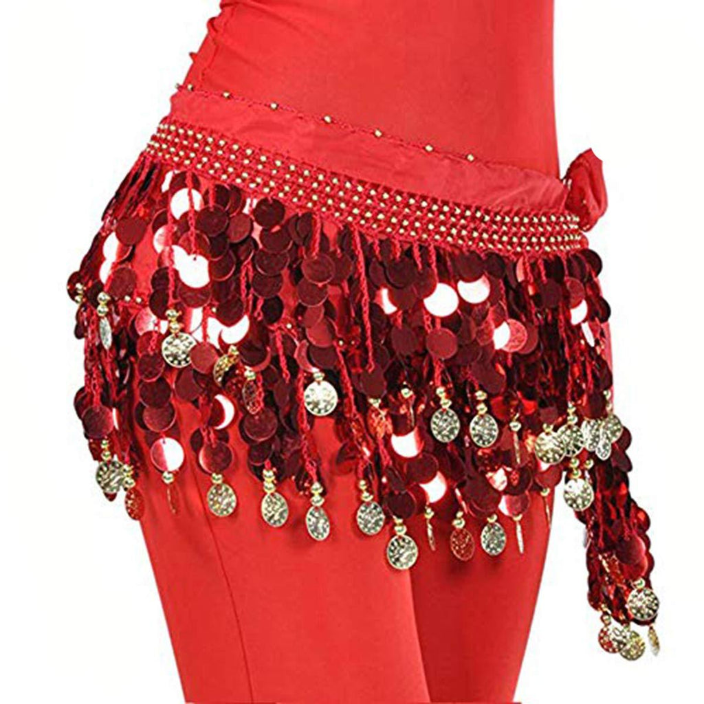 [AUSTRALIA] - ROPALIA Womens Belly Dance Scarf Performance Bling Sequins Coins Hip Scarfs One Size Red 