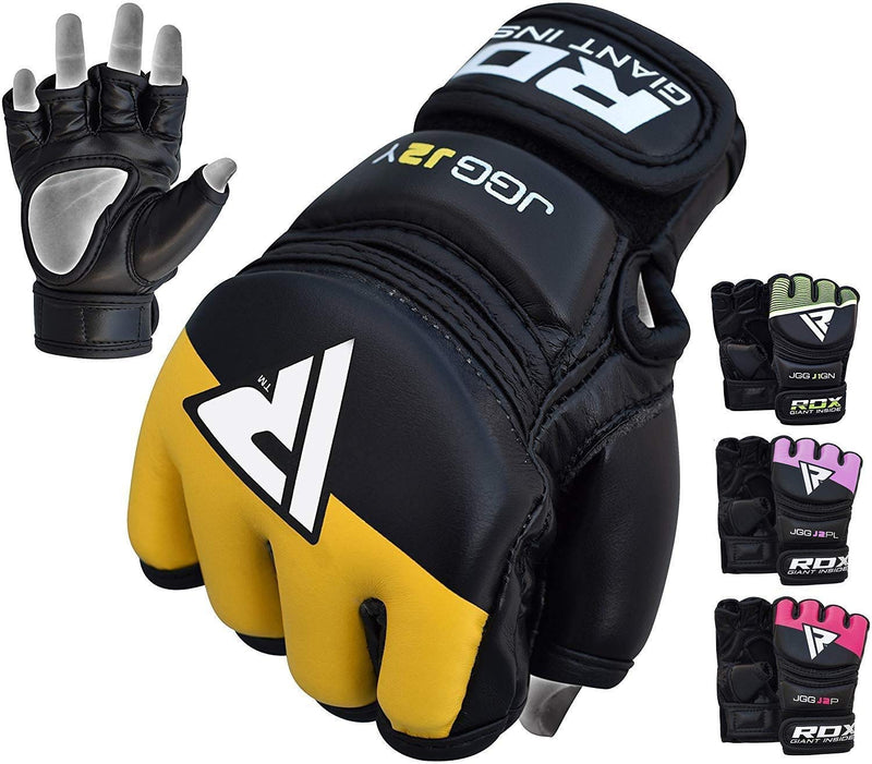 [AUSTRALIA] - RDX Kids MMA Gloves for Grappling Martial Arts Training | Maya Hide Leather Mitts for Youth |Good for Kickboxing, Sparring, Muay Thai, Junior Cage Fighting & Punching Bag Yellow 