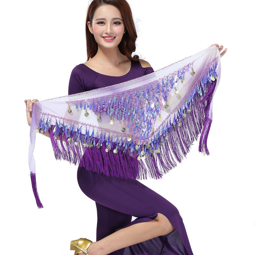 [AUSTRALIA] - ZLTdream Women's Belly Dance Tassels Triangle Hip Scarf With Coins Sequins One Size Purple 