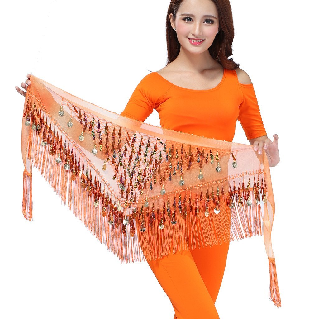 [AUSTRALIA] - ZLTdream Belly Dance Tassels Triangle Hip Scarf With Coins Sequins Orange 