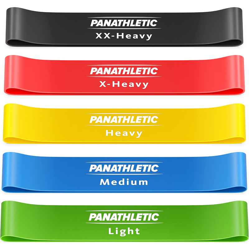 Panathletic Resistance Bands, Set of 5 Bands – 5 Different Resistance Levels, Exercise Guide, eBook, Carry Bag – 5X Booty Loop Band for Butt and Legs Women - Fitness Stretch Band for Workout Men Black, red, yellow, blue, green - BeesActive Australia
