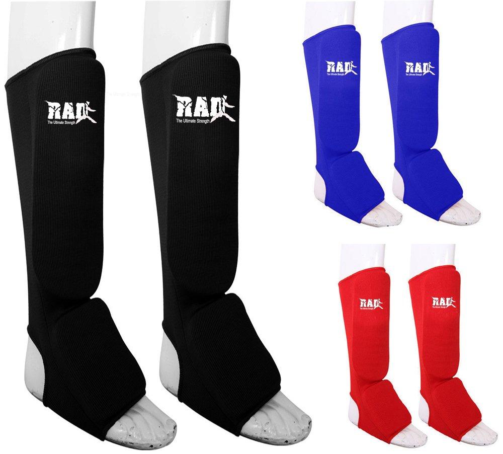 [AUSTRALIA] - RAD Shin Guards MMA Elastic Cloth Shin & Instep Padded Guards Protective Kickboxing Black (Pair) Medium 