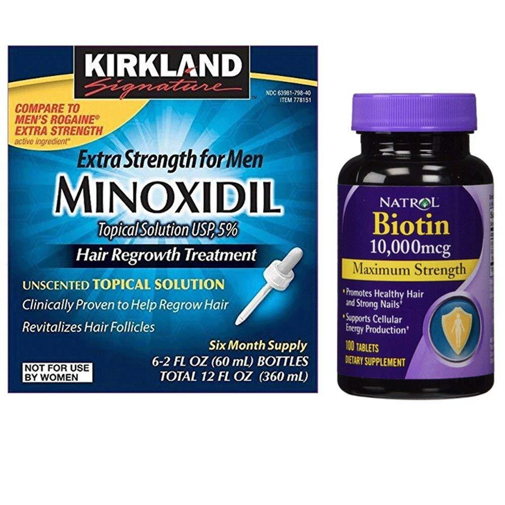 Kirkland Minoxidil 5% Extra Strength Hair Regrowth for Men, 6 Month Supply with Natrol Biotin 10,000 Mcg Maximum Strength Tablets, 100-count - BeesActive Australia