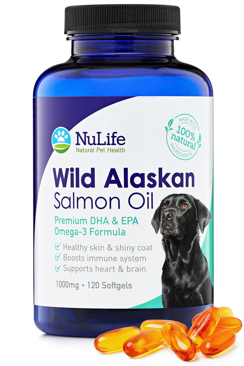 NuLife Natural Pet Health Pure Wild Alaskan Salmon Oil for Dogs, Omega 3 Fish Oil Supplement for Healthy Skin & Shiny Coat, Prevents Itchy Skin, Skin Allergies & Shedding, 120 Soft Capsules - BeesActive Australia