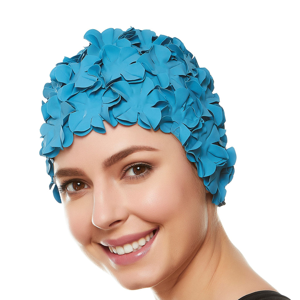 [AUSTRALIA] - Beemo Floral Petal Ladies Bathing Swim Cap Women Retro Swim Hat Long/Short Hair Royal Blue 