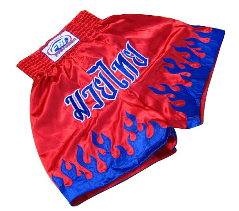 [AUSTRALIA] - Fbt Quality Satin Kick Boxing Shorts with Muay Thai Thailand Script and Flames Red X-Large 
