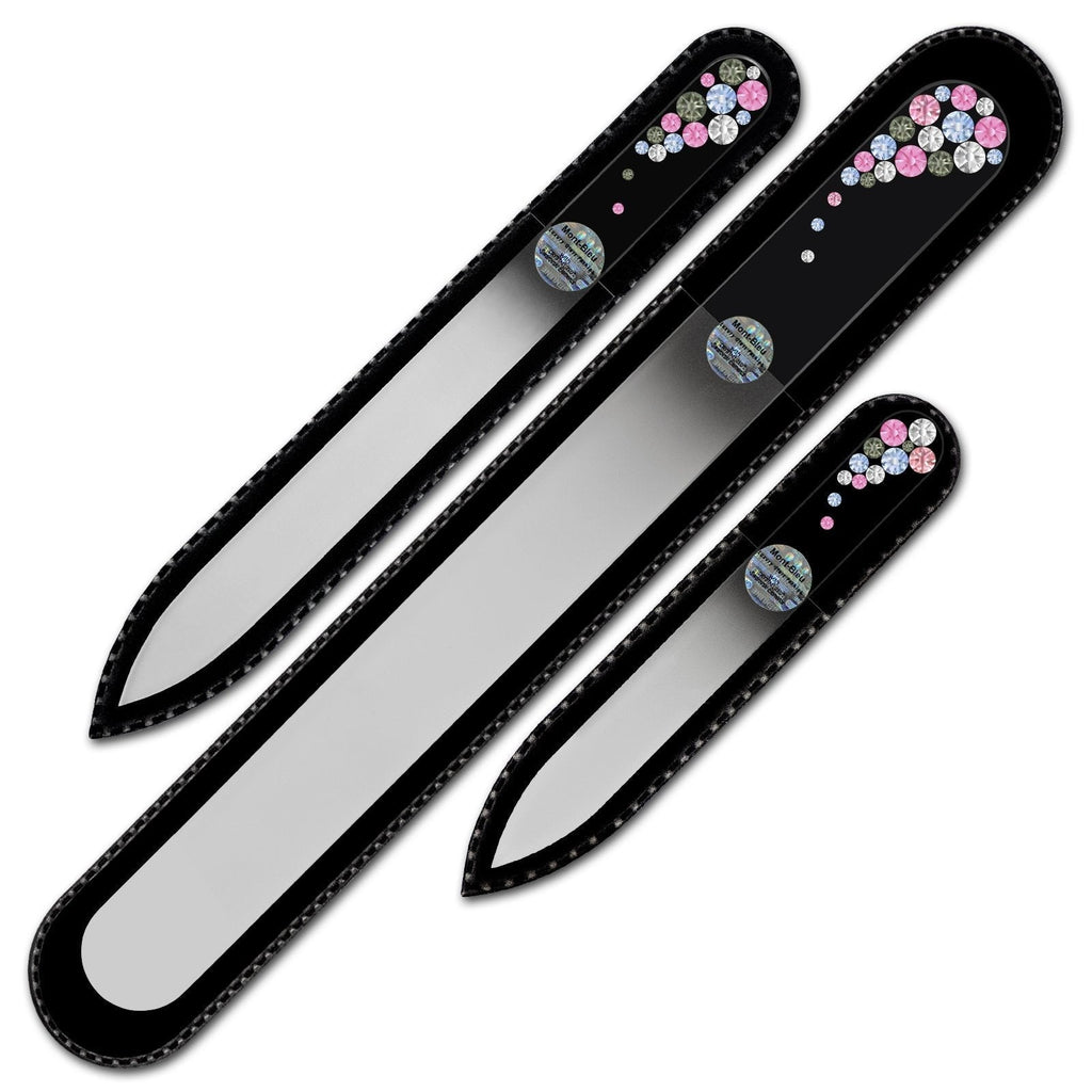 Set of 3 Glass Nail Files Hand Decorated with Swarovski Elements, in Black Velvet Sleeve, Genuine Czech Tempered Glass, Hand-Made Crystal Nail Files Light Sapphire - BeesActive Australia