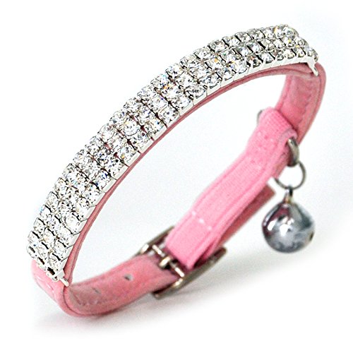 CHUKCHI Soft Velvet Safe Cat Adjustable Collar Bling Diamante with Bells,11 inch for Small Dogs and Cats Pink - BeesActive Australia