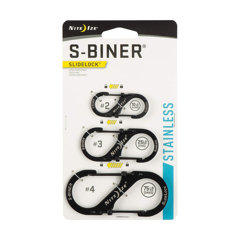 Nite Ize LSBC-01-R6 S-Biner SlideLock Dual Locking Carabiner, Assorted 3-Pack, Sizes 2, 3, 4, Black - BeesActive Australia