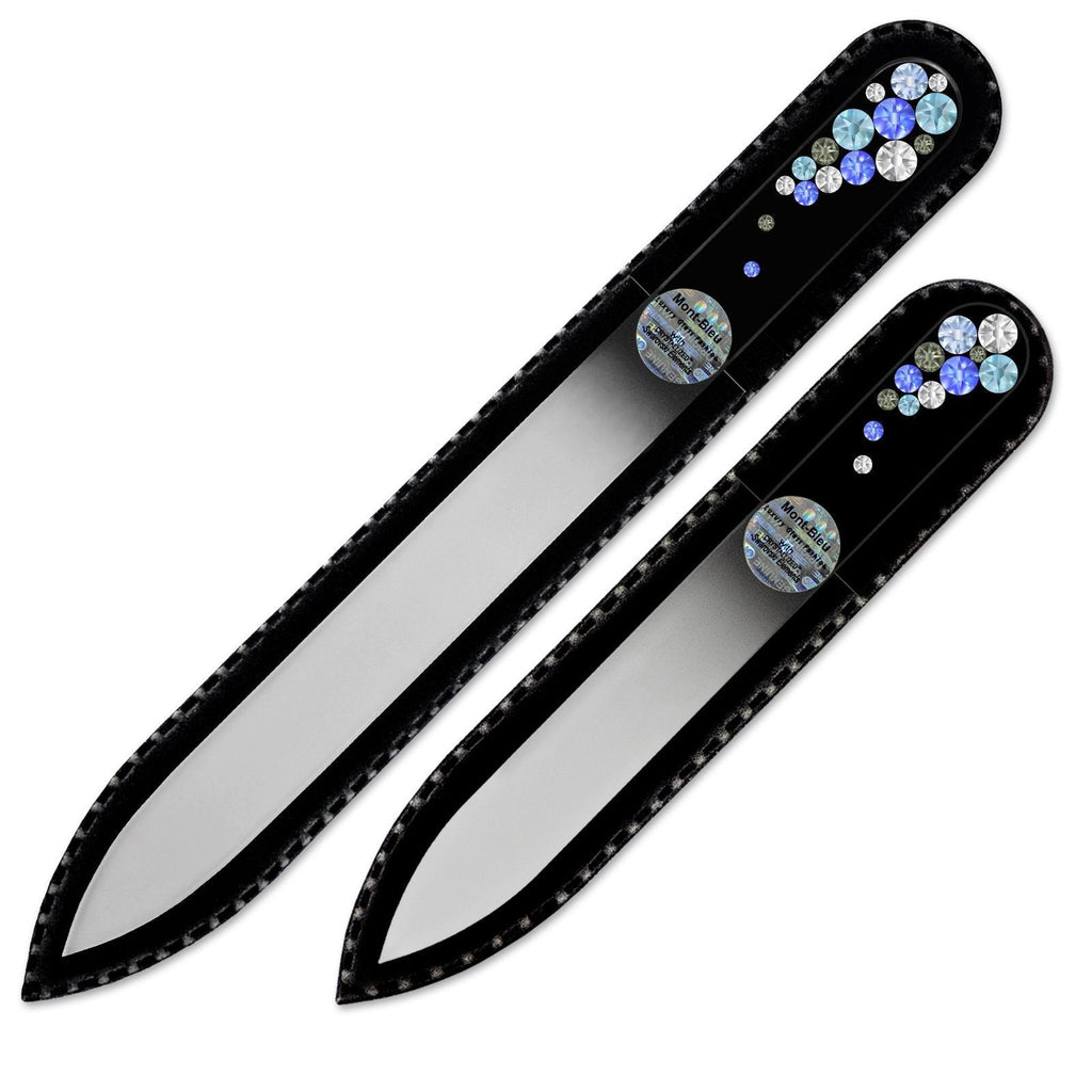 Mont Bleu Premium Set of 2 Glass Nail Files Hand Decorated with Swarovski Elements - in Black Velvet Sleeve - Genuine Czech Tempered Glass - Mothers day gifts - Fingernail File for Natural Nails Sapphire - BeesActive Australia