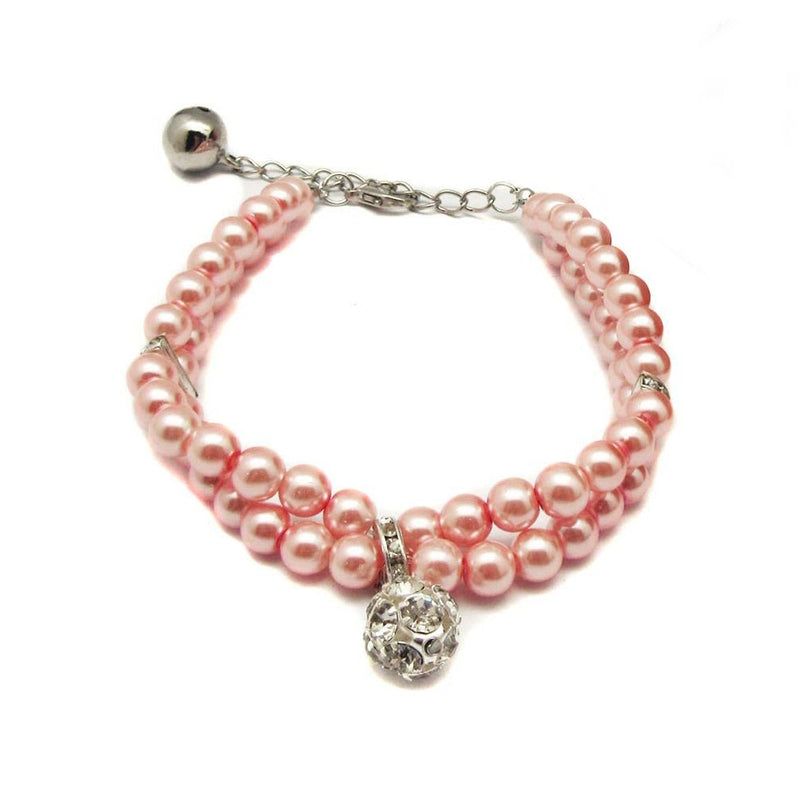 PETFAVORITES Luxury 2 Row Pearls Rhinestones Pet Cat Dog Necklace Collar Jewelry with Bling Crystal Ball Charm Pendant for Pets Cats Small Dogs Female Puppy Chihuahua Yorkie Girls Costume Outfits Neck Size:12"-14" Pink - BeesActive Australia