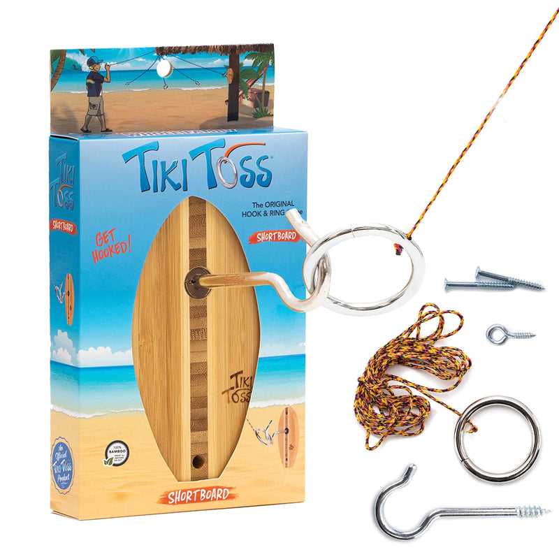 Tiki Toss Hook and Ring Toss Game for Adults & Kids - Surfboard Edition - Short Board with String and Hooks to Play Indoor and Outdoor Games Original - BeesActive Australia