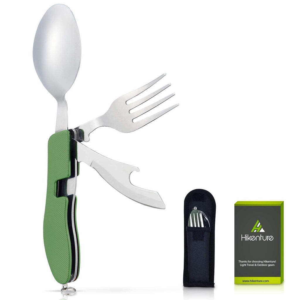 Hikenture Camping Utensils with Case 4-in-1 Stainless Steel Fork Knife Spoon Bottle Opener Set Travel Eating Cutlery Scout Hobo Multitool Hiking(Army Green) - BeesActive Australia