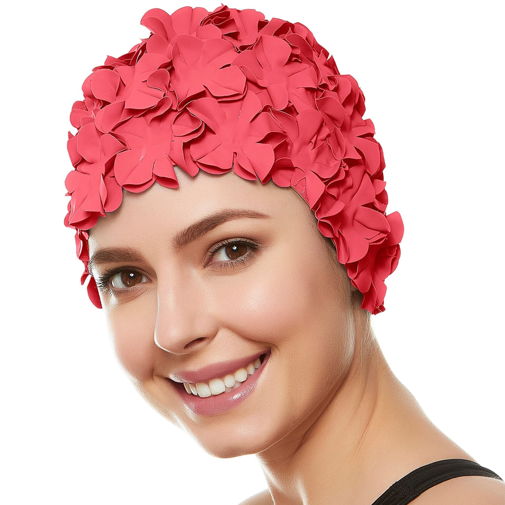 BEEMO Floral Petal Ladies Bathing Swim Cap Women Retro Swim Hat Long/Short Hair Coral Pink - BeesActive Australia