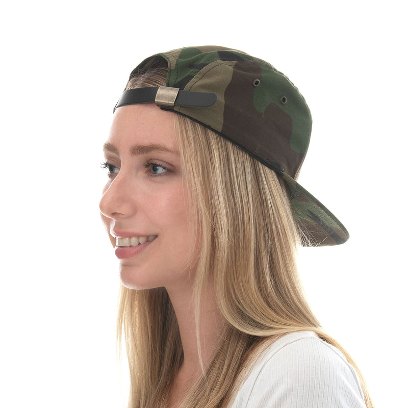 The Hat Depot Made in USA Cotton Twill 5 Panel Flat Brim Genuine Leather Brass Biker Board Cap Camo1 - BeesActive Australia