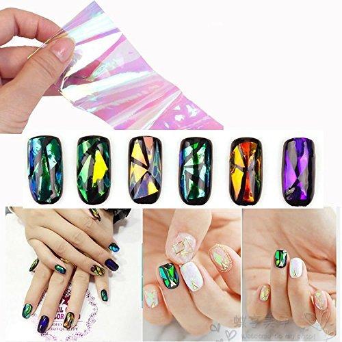 AKOAK 6 Colors Fashion Punk Transfer Foil Sticker Reflective Mirror Design Broken Glass sticker colorful Laser Aurora Cellophane DIY Nail Art Stencil Decal Stickers - BeesActive Australia