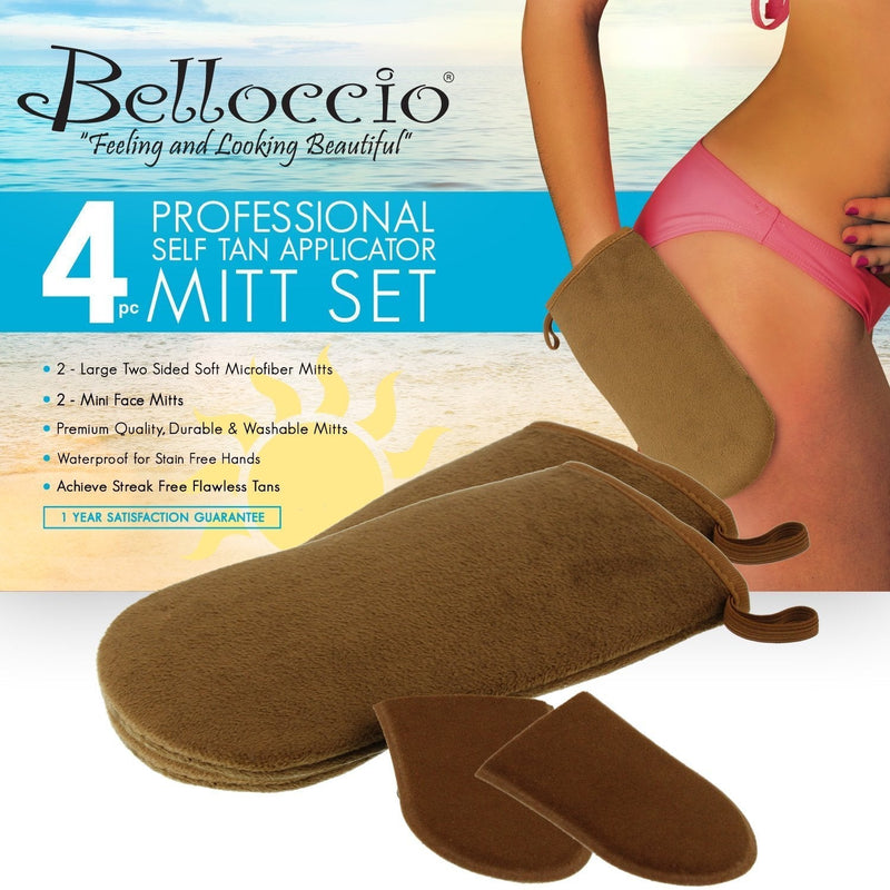 Belloccio Set of 4 Premium Self Tanning Applicator Mitts; 2 Double Sided Premium Large Mitts and 2 Mini Facial Tanning Mitts for Sunless Tan Lotions and Sprays - BeesActive Australia