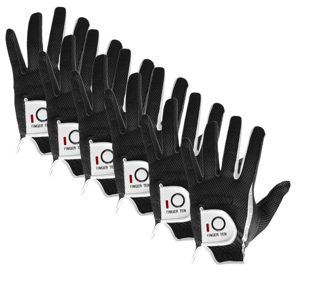 FINGER TEN New Mens RainGrip Hot Wet Weather Comfort Extra Value Left Hand LH and Right Hand RH Durable Golf Gloves Value 6 Pack 23=Small Black Worn on Left Hand(Right-Handed Golfer) - BeesActive Australia