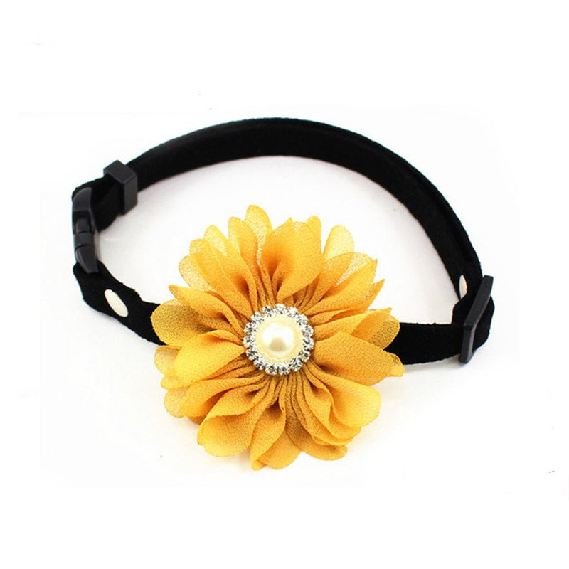 PETFAVORITES Daisy Dog Cat Collar Bow Tie - Suede Leather Kitten Flower Necklace Jewelry with Rhinestones and Pearl for Small Dogs Girl - Teacup Yorkie Chihuahua Clothes Accessories, Adjustable Size M Yellow - BeesActive Australia