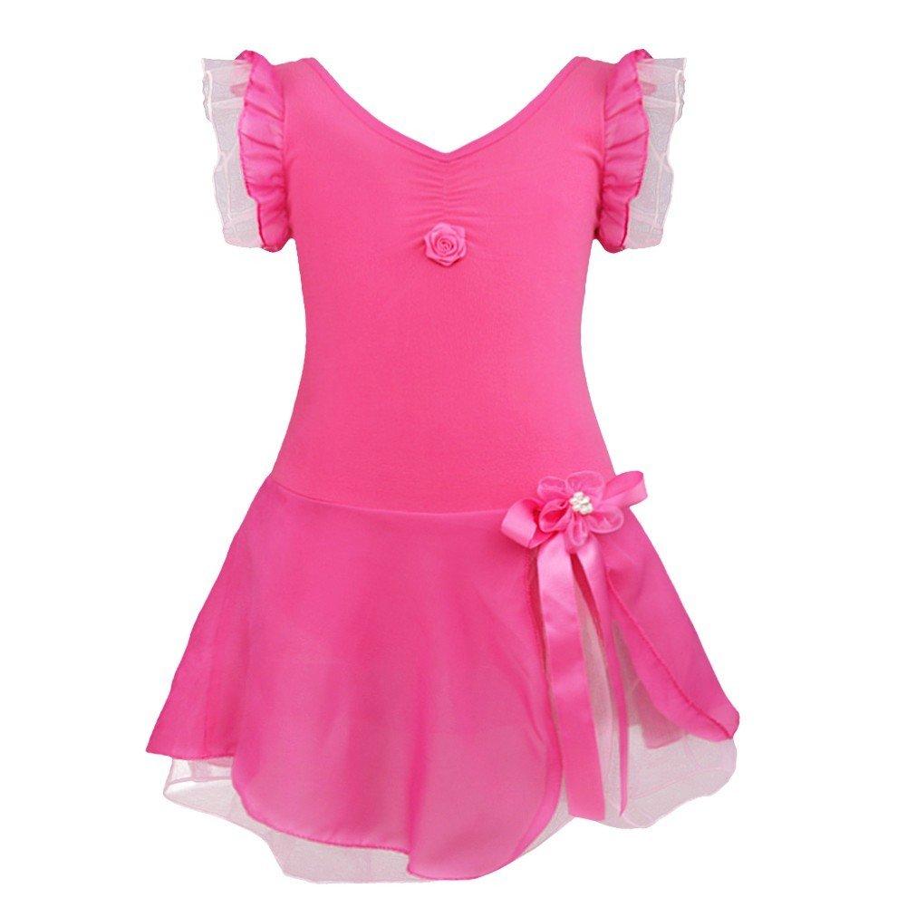 [AUSTRALIA] - TiaoBug Girls Kids Ruffled Sleeve Ballet Leotard Skirt Dress Ruched Flower Brooch Tutu Performance Dancewear 5-6 Rose 