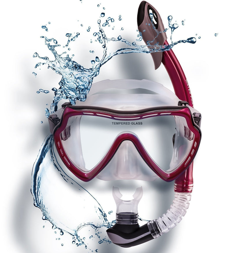 [AUSTRALIA] - WATER FOXY Snorkel Set with Diving mask and Dry Snorkel - Single Lens Swim mask with Anti-Fog Protection and Tube with Purge Valve Anti-Splash Guard for Kid, Youth and Adult Divers Vinous 