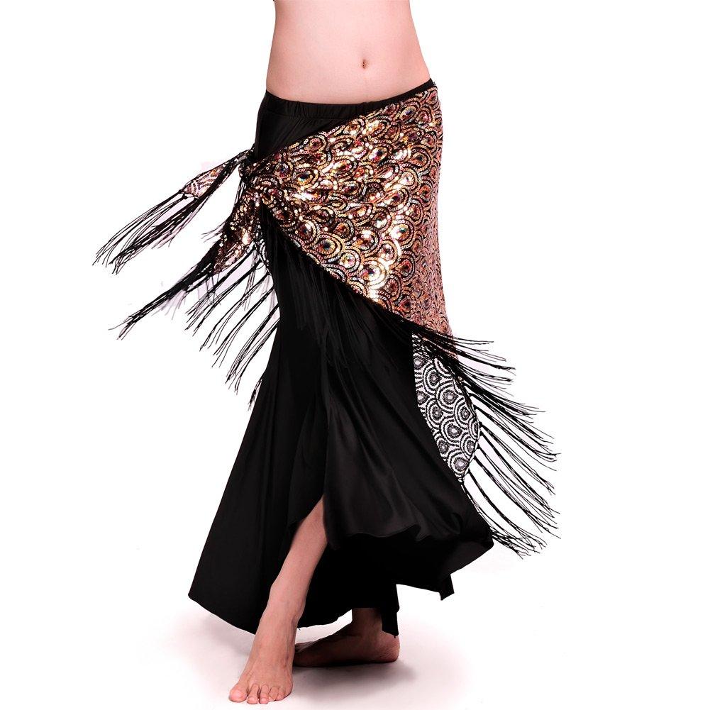 [AUSTRALIA] - ROYAL SMEELA Women’s Belly Dance Hip Scarf Tribal Triangle Tassel Peacock Hip Scarves Skirt Belly Dancing Costume One Size Gold 