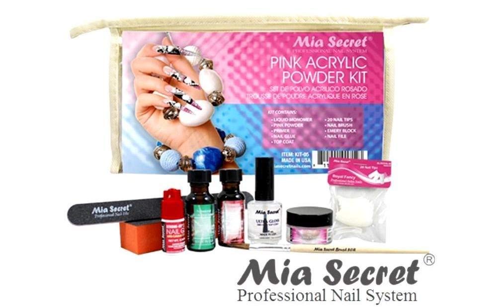 MIA SECRET PINK ACRYLIC POWDER PROFESSIONAL FULL NAIL KIT - 05, Contents: Liquid Monomer, Pink Powder, Primer, Nail Glue, Top Coat, 20 Nail tips, Nail Brush, Emery Block, Nail File - BeesActive Australia