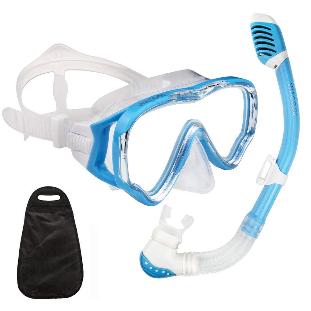 [AUSTRALIA] - WACOOL Snorkeling Snorkel Package Set for Kids Youth Junior, Anti-Fog Coated Glass Diving Mask, Snorkel with Silicon Mouth Piece,Purge Valve and Anti-Splash Guard. SkyBlue 