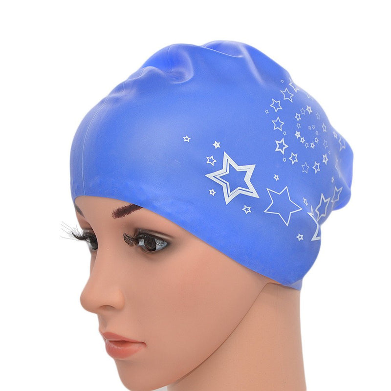 Medifier Women Ladies Elastic Silicone Water Pool Swimming Hat Cap Ear Wrap Hat for Long Hair Adults Star Print(Blue) - BeesActive Australia