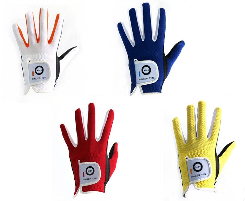 FINGER TEN 2018 Junior Kids Youth Toddler Boys Girls Dura Feel White Blue Red Yellow Left Hand Right Hand Golf Gloves Extra Value 2 Pack (Age 2-10 Years Old) Small(Age 2-4) Blue Worn on Left Hand(Right-Handed Golfer) - BeesActive Australia