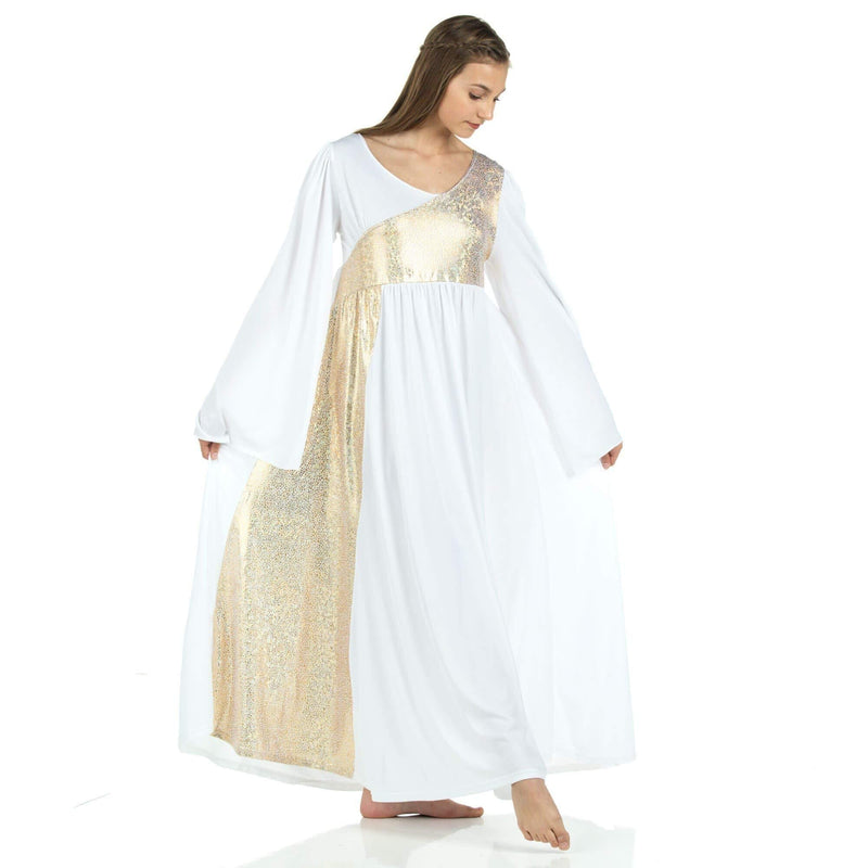 [AUSTRALIA] - Danzcue Womens Shimmery Asymmetrical Bell Sleeve Dance Dress XX-Large White-gold 