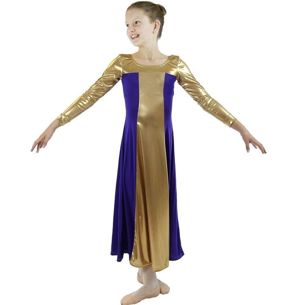 [AUSTRALIA] - Danzcue Girls Metallic Color Block Long Sleeve Praise Dance Dress 8 / 10 Purple-gold 