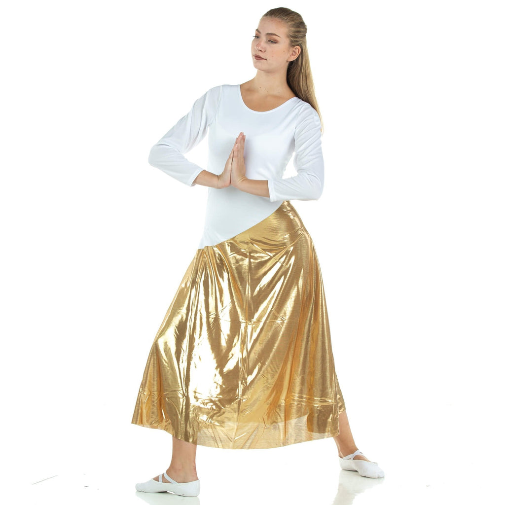 [AUSTRALIA] - Danzcue Womens Bi Color Long Sleeve Worship Dance Dress Small-Medium White-gold 