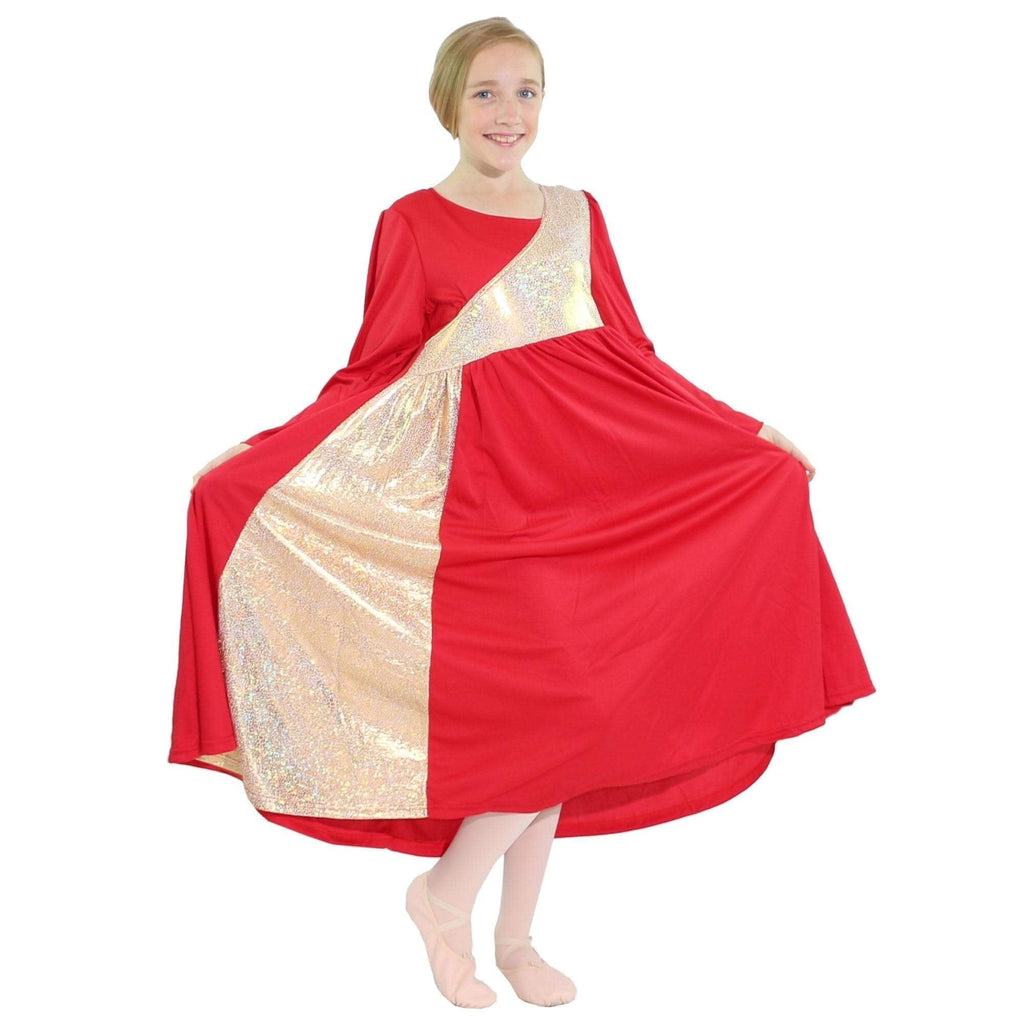 [AUSTRALIA] - Danzcue Girls Shimmery Asymmetrical Bell Sleeve Dance Dress 8 / 10 Scarlet-gold 