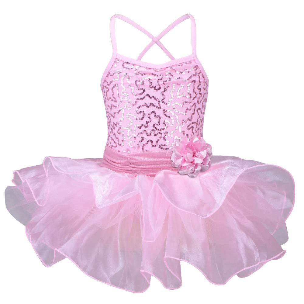 [AUSTRALIA] - TFJH E Little Girls' Sequin Ballet Tutu Dress Kids Flower Strap Athletic Leotard 2-8 Years Large Pink 