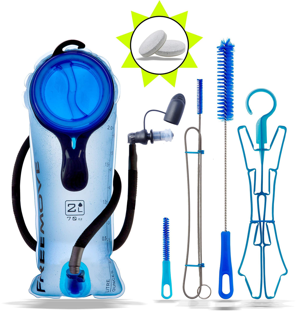 [AUSTRALIA] - FREEMOVE 2L Hydration Bladder Pack with Cleaning Kit or 3L Water Bladder or Cleaning Tabs 24 Pack, Leak Proof and BPA Tasteless TPU Bladder Reservoir Bag, Quick Release Tube, Shutoff Valve 2L Bladder BLUE + Cleaning Kit 