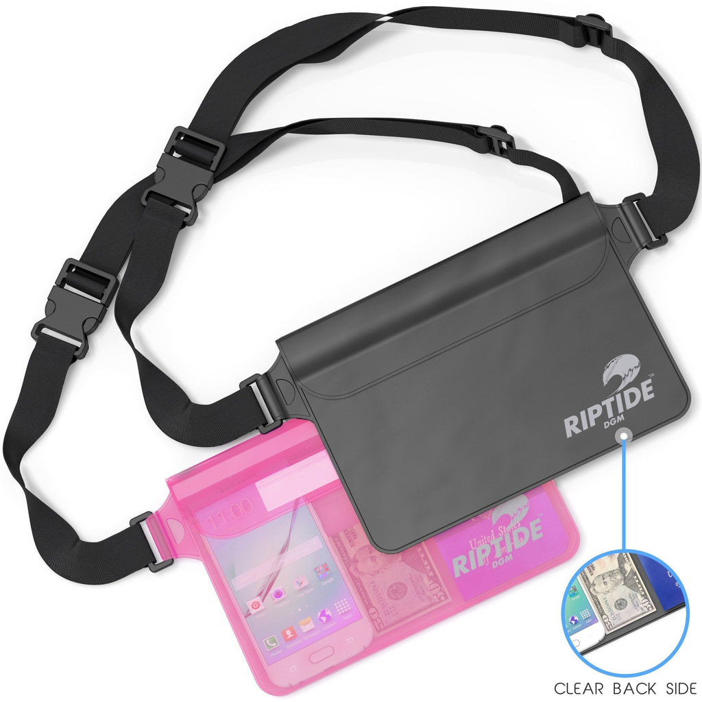[AUSTRALIA] - Waterproof Fanny Pack Pouch (2 Pack) for Men & Women Dry Bag Water Resistant with Adjustable Waist Strap - Protects Valuables at Water Sports Or Boating Snorkeling Swimming Skiing Opaque Black/Clear Back & Sheer Pink 
