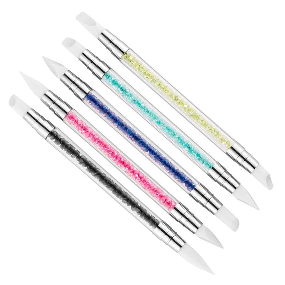 5Pcs/Set 2 Heads Silicone Nail Art Sculpture Pen For Emboss Carving Craft Polish With 5 Colors Rhinestone Handle Chrome Pigment Nail Art Brush 5 PCS Silicone Nail Brush - BeesActive Australia