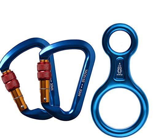 ayamaya 30KN Screwgate Locking Climbing Carabiners & Figure 8 Descender,Outdoor D-Ring Hook Rappel Device for Rappelling Belaying Rock Climbing Blue(2pcs Carabiner + 1pcs Descender) - BeesActive Australia