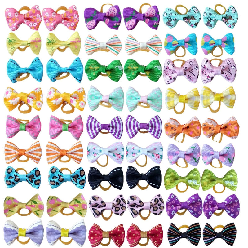 PET SHOW Pet Dog Hair Bows Bowknot for Yorkshire Girls Topknot with Rubber Bands Cat Puppy Headdress Grooming Hair Accessories Random Color Pack of 50pcs = 25pairs - BeesActive Australia