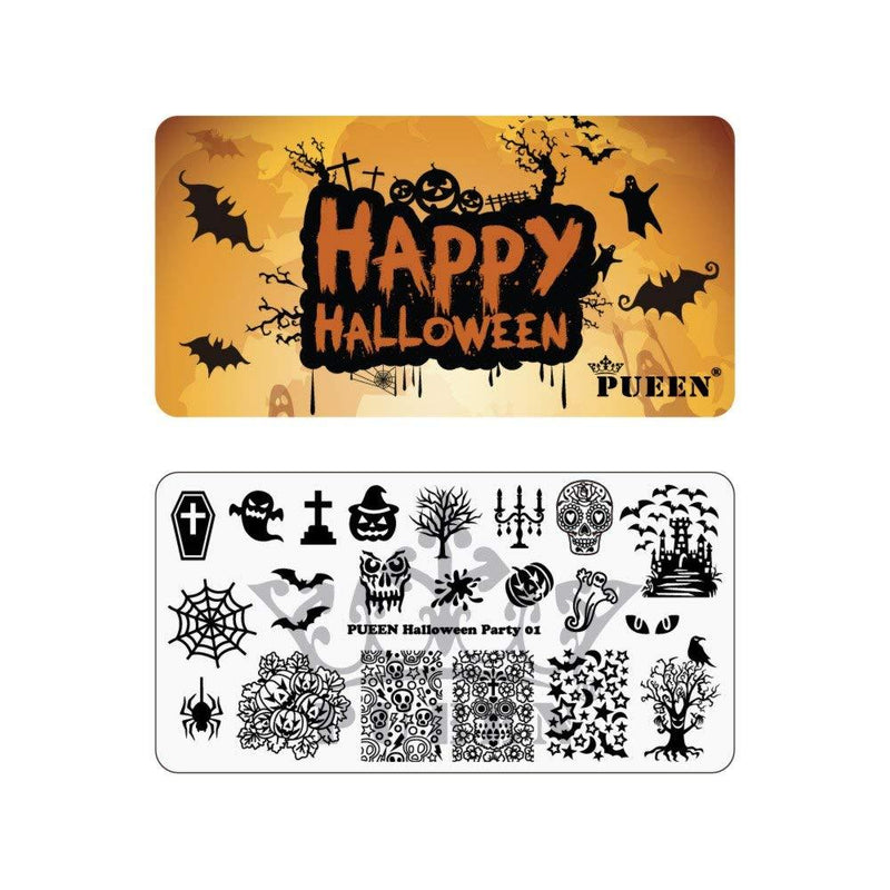 PUEEN Nail Art Stamping Plate - Halloween Party 01 - Theme Park Collection 125x65mm Unique Nailart Polish Stamping Manicure Image Plates Accessories Kit - BH000725 - BeesActive Australia