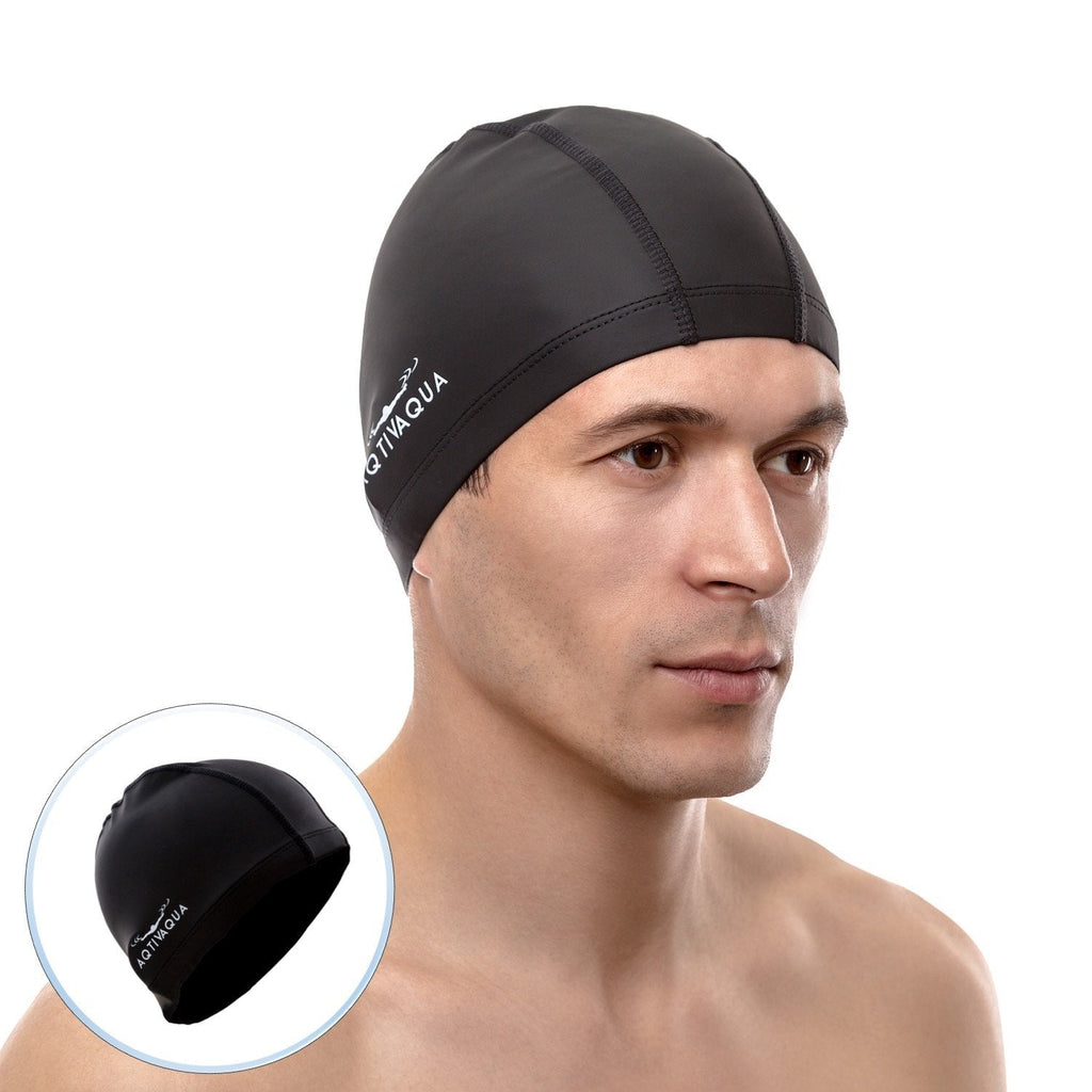 [AUSTRALIA] - AqtivAqua Spandex Swim Cap with Protective Layer + Tube Carry Case // Swimming Caps for Adult Men Women Black 