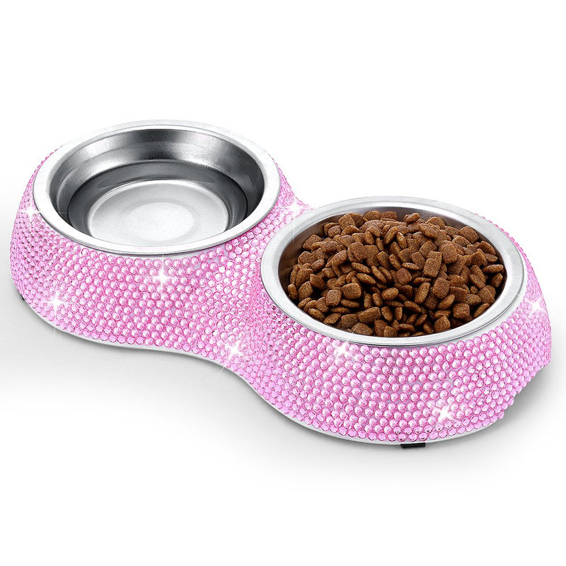 SAVORI Small Dog Bowls Pink, Handmade Bling Rhinestones Stainless Steel Pet Bowls Double Food Water Feeder for Puppy Cats Dogs Cats 320ml-Pink - BeesActive Australia