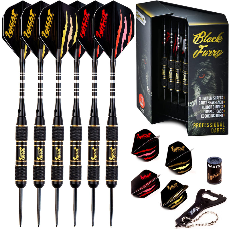 IgnatGames Darts Metal Tip Set - Professional Darts with Stylish Case and Darts Guide, Steel Tip Darts Set with Aluminum Shafts + Rubber O'Rings + Extra Flights + Dart Sharpener and Wrench Cherry - Black Furry - BeesActive Australia