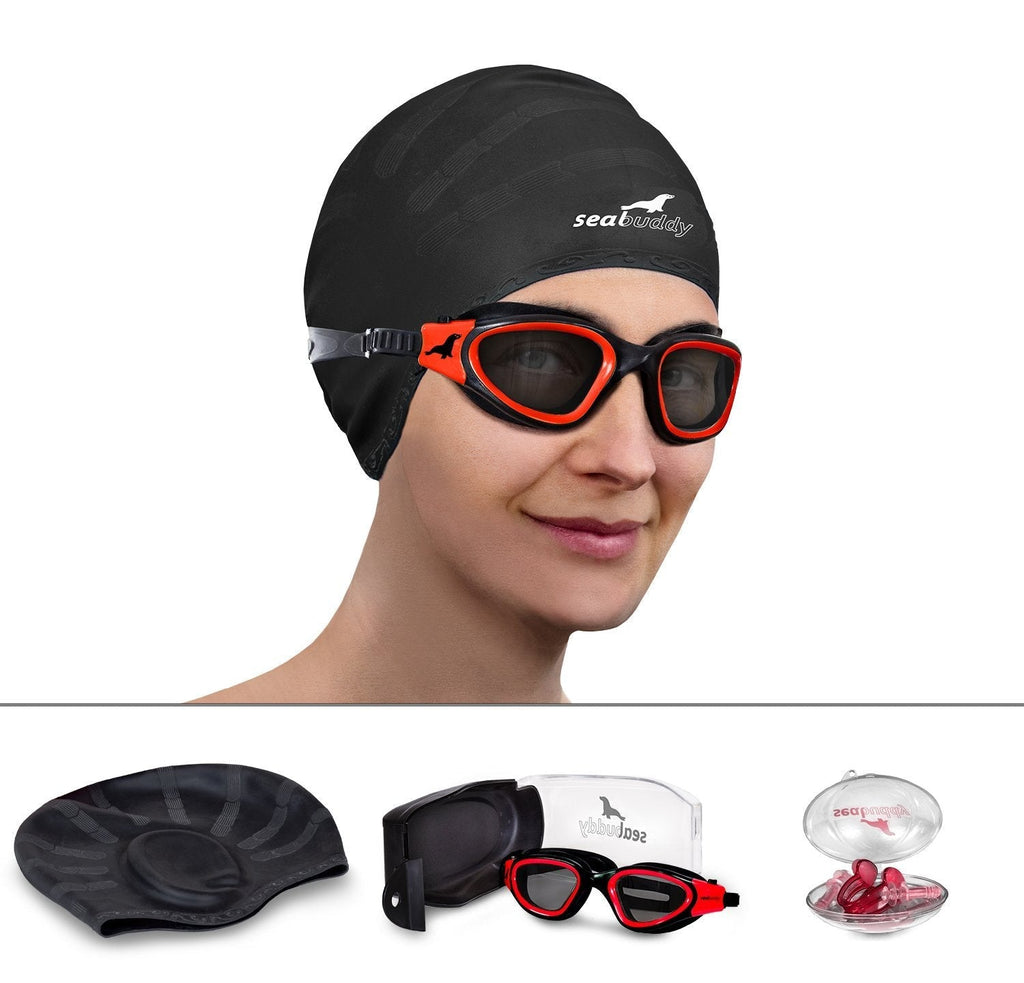 [AUSTRALIA] - SealBuddy Panoramic Premium Swim Gear - Goggles + Cap + Ear & Nose Plugs Rio Red Smoked 