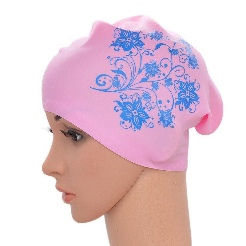 [AUSTRALIA] - Medifier Women Ladies Elastic Silicone Water Pool Swimming Hat Cap Ear Wrap Hat for Long Hair Adults Flower Print Pink 