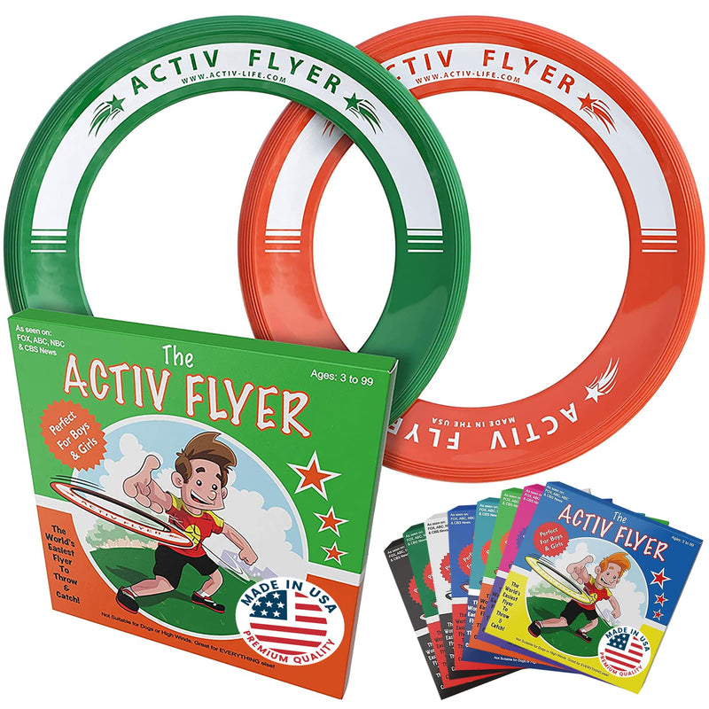 Activ Life Kid's Flying Rings [2 Pack] Fly Straight & Don’t Hurt - 80% Lighter Than Standard Flying Discs - Replace Screen Time with Healthy Family Fun - Get Outside & Play! Made in USA Green/Orange - BeesActive Australia