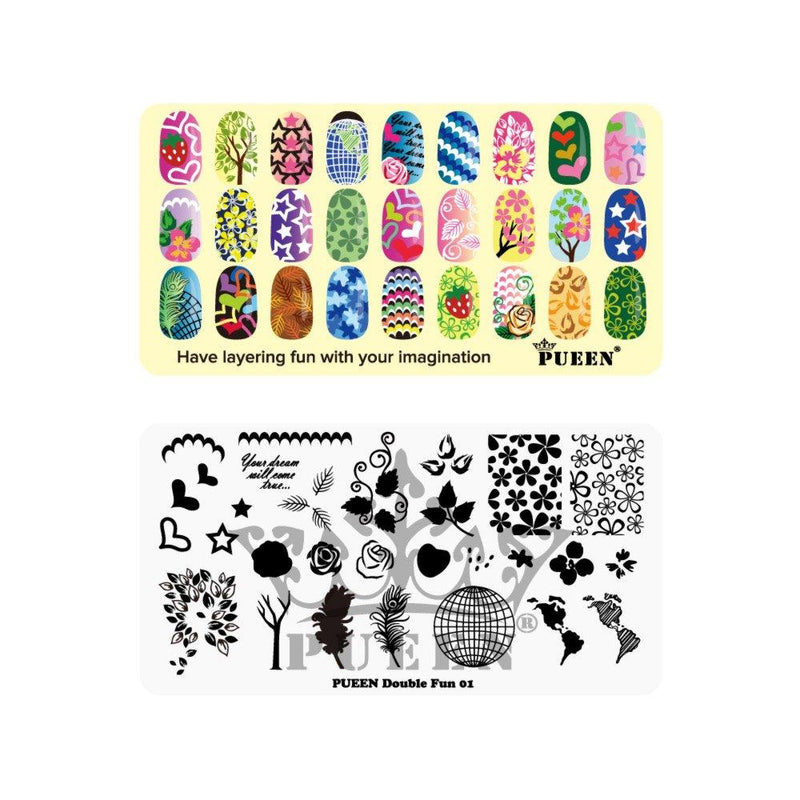 PUEEN Nail Art Stamping Plate -Double Fun 01 - Layering Collection 125x65mm Unique Nailart Polish Stamping Manicure Image Plates Accessories Kit - BH000724 - BeesActive Australia