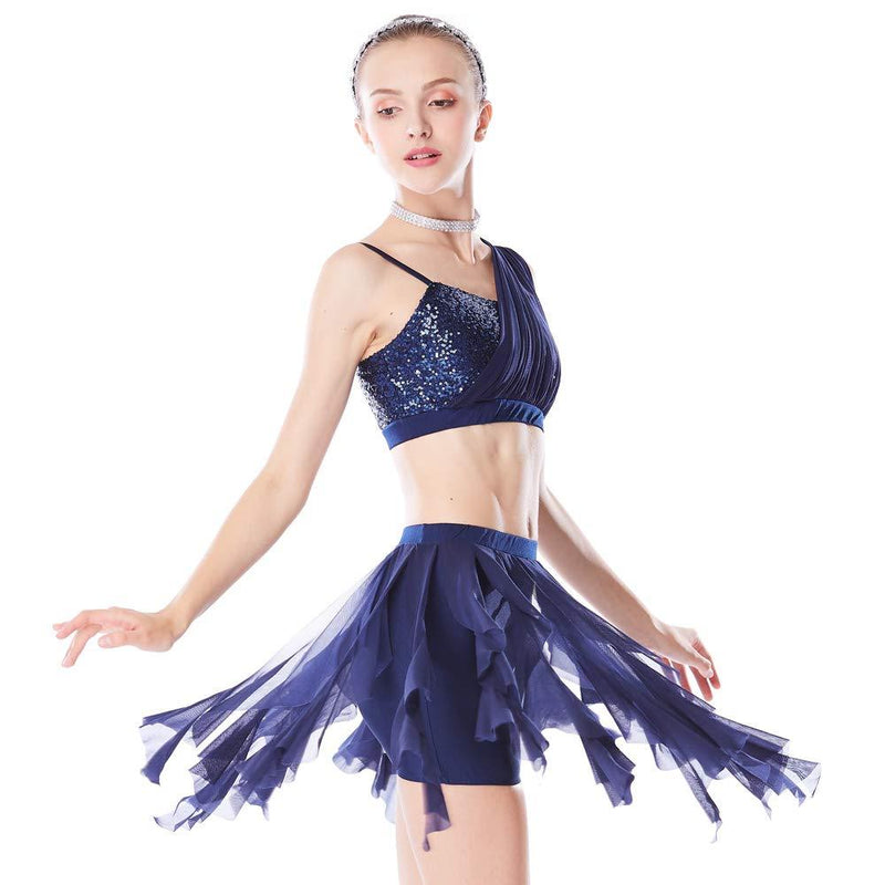 [AUSTRALIA] - MiDee 2 Pieces Sequins Diagonal-Neck Irreguar Latin Dress Dance Costume SA Navy Blue 