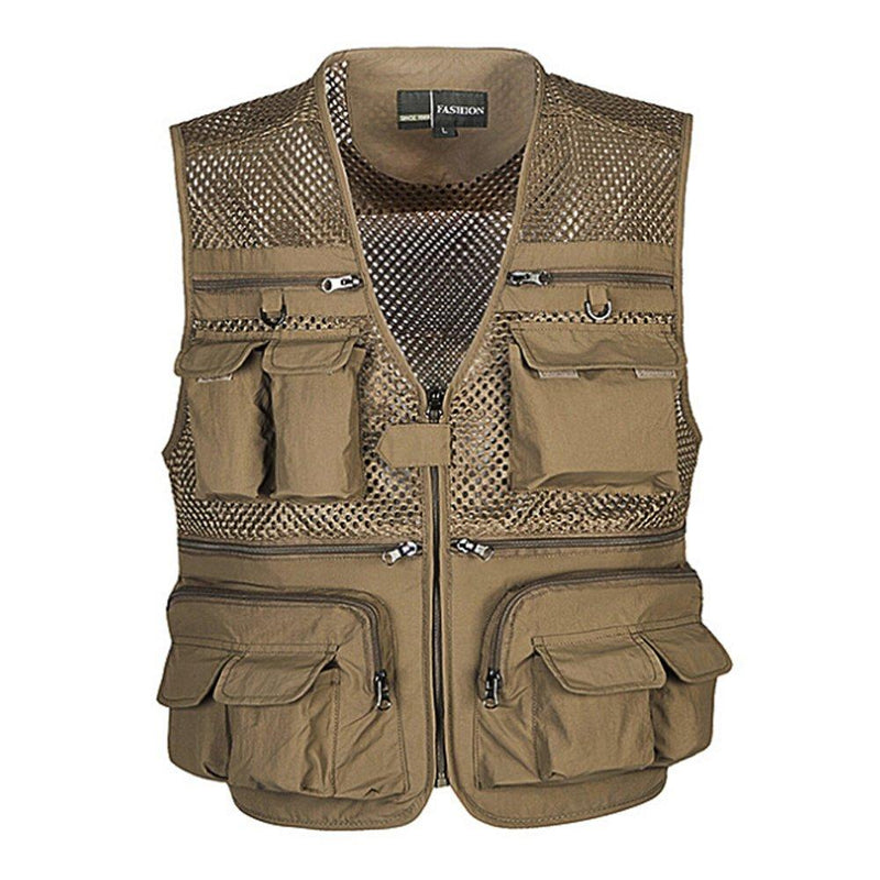 [AUSTRALIA] - Ziker Men's Mesh Breathable Openwork Camouflage Journalist Photographer Fishing Vest Waistcoat Jacket Coat Khaki X-Large 
